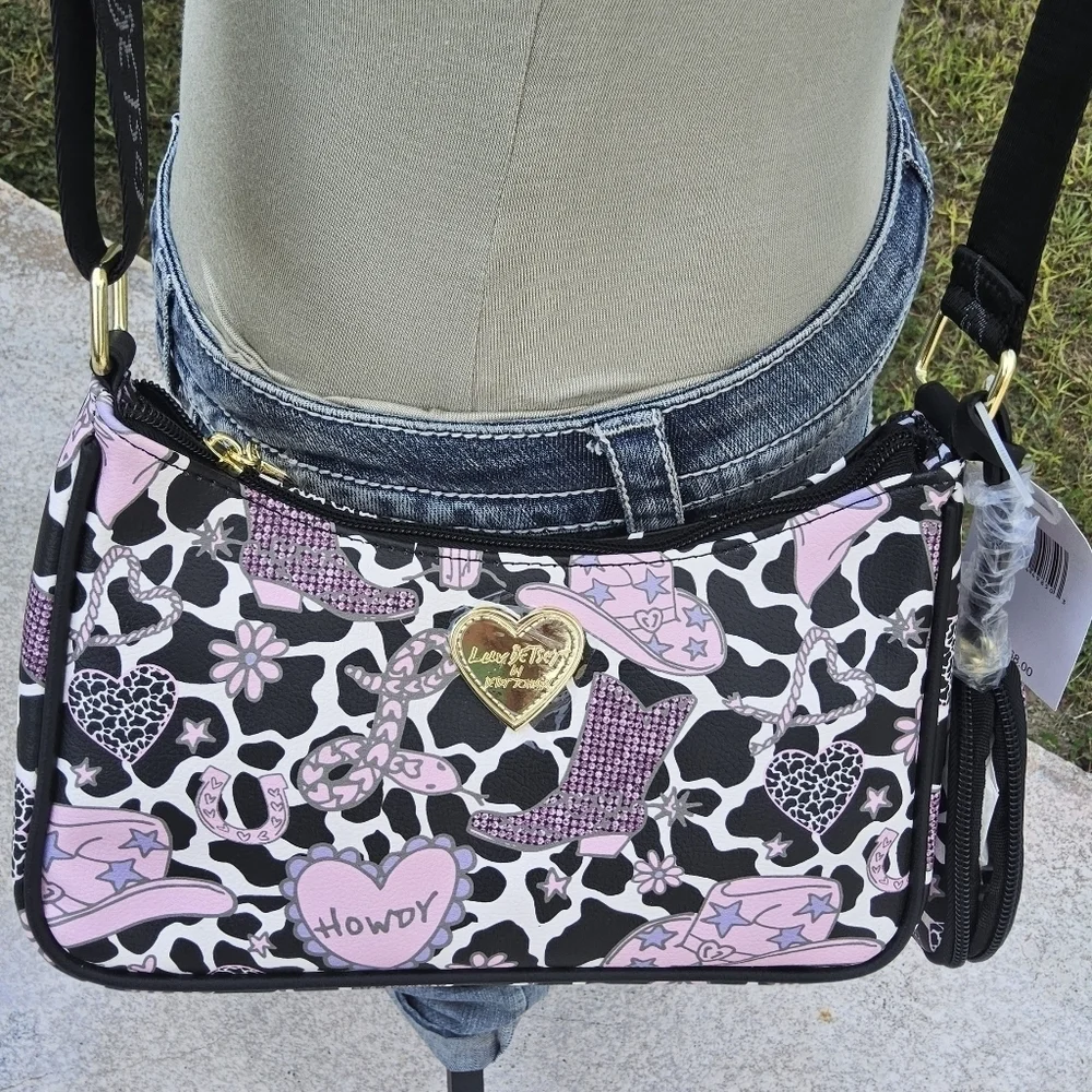 BETSEY JOHNSON LUV BETSEY BLACK/MULTI COLOR CROSSBODY w/WEB STRAP n POUCH